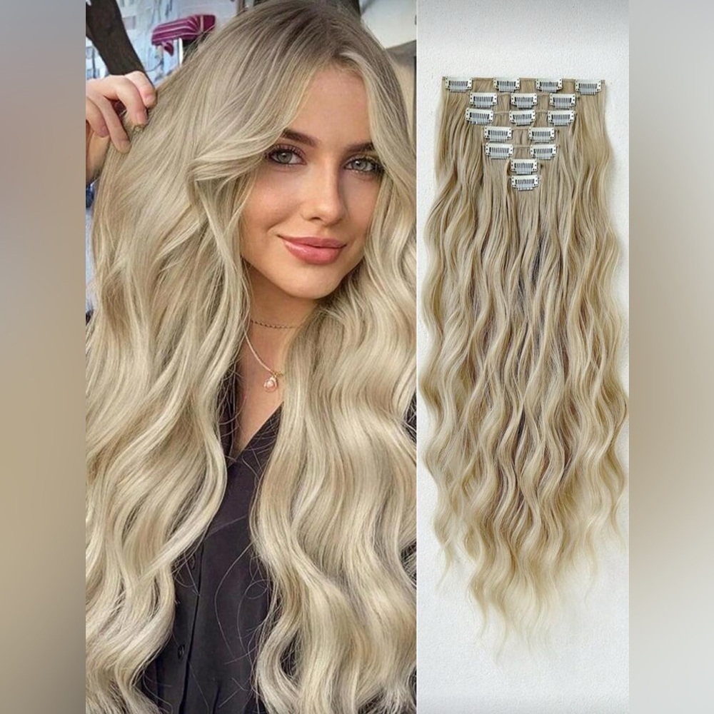Long Wavy Blonde Clip-In Extensions 22” – Soft  Ash Natural Blonde